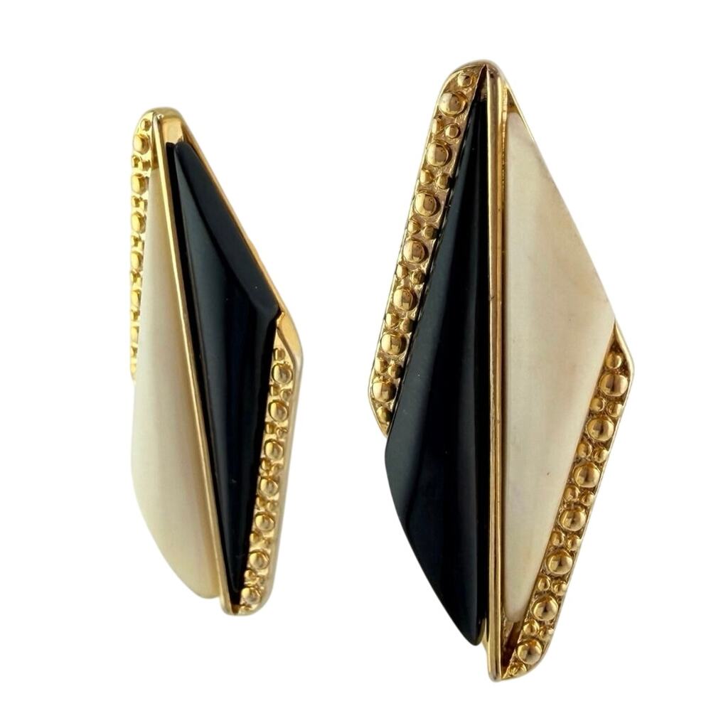 Vintage Napier 1980s Modernist Geometric Black Cream Glass 1.75" Earrings